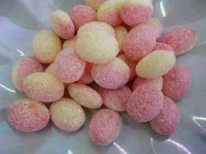 Traditional hard boiled oval sweets with classic Rhubard and Custard taste
